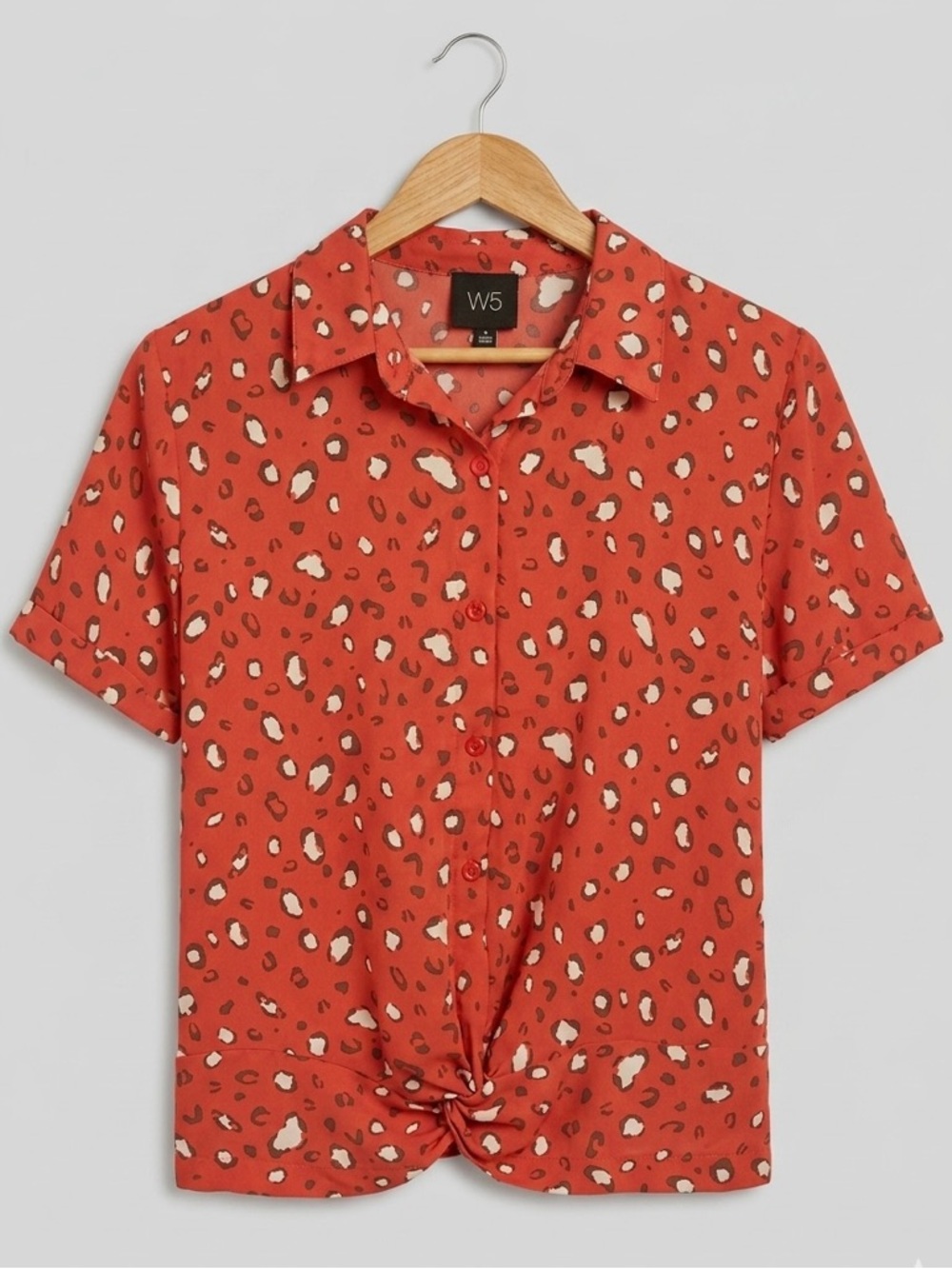 W5 Leopard Print Tie Front Button Down Top – Short Sleeve Blouse